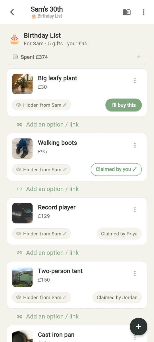 A Birthday List for Sam's 30th, with gifts marked as claimed