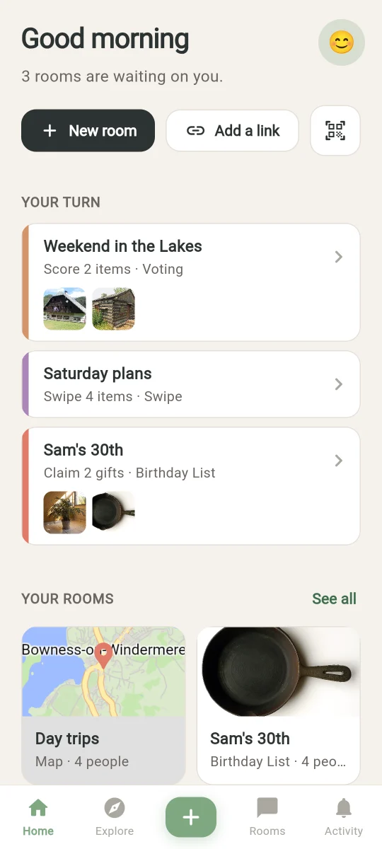 DoWeDontWe Home: a Your turn list of three rooms waiting on you, and your rooms below