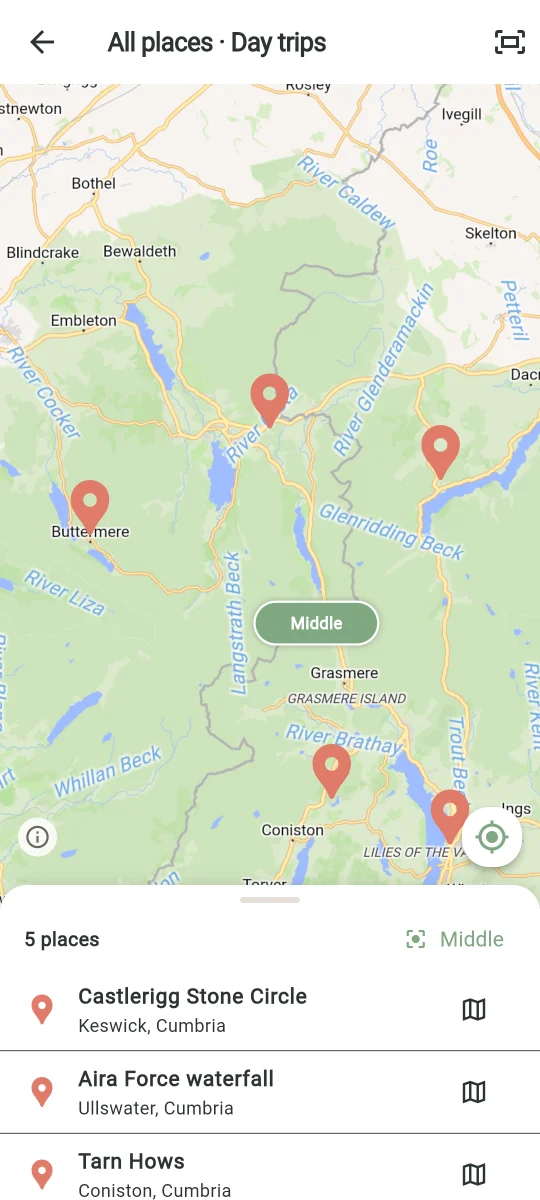 A Map room called Day trips, with pinned places around the Lake District
