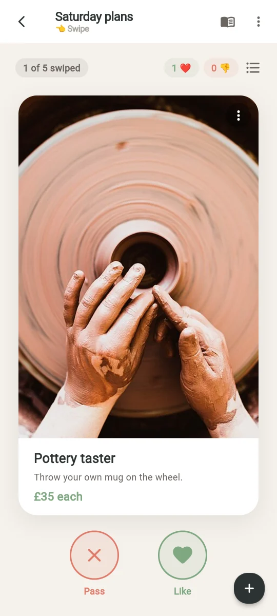A Swipe room called Saturday plans, showing a pottery taster card with Pass and Like buttons